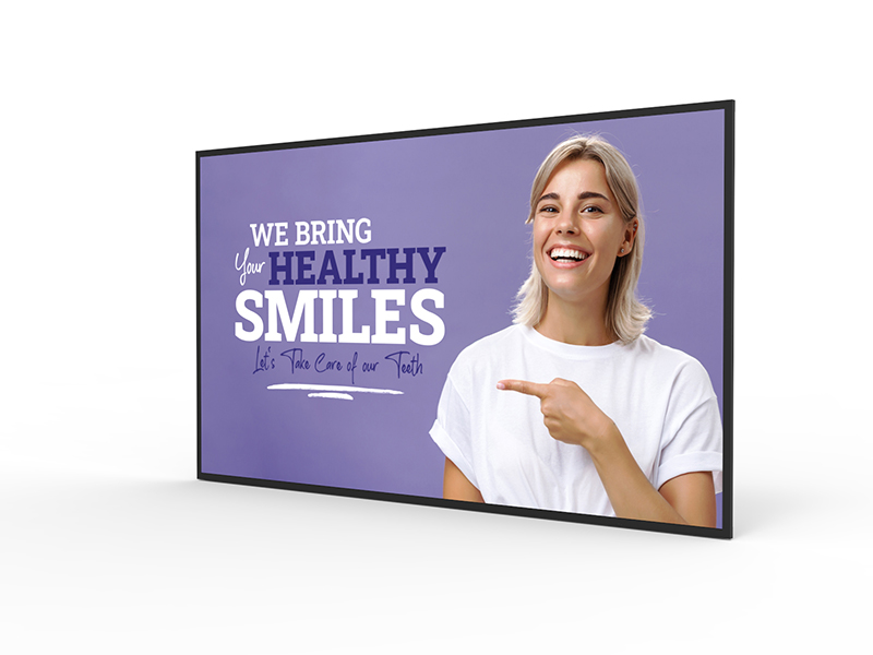 Posso 4K commercial digital signage screen in landscape, angled view, showing a promotional display