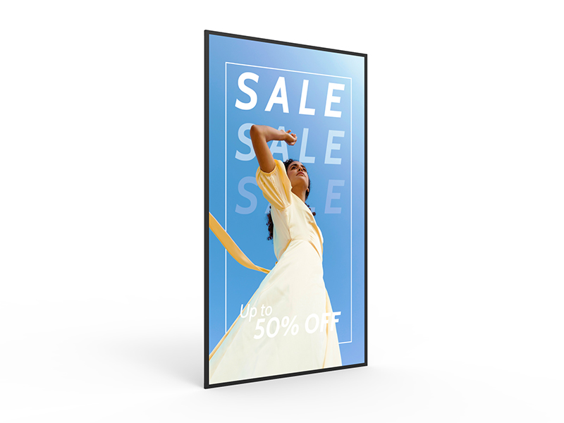 Posso E55P1 55-inch 4K digital signage screen mounted in portrait orientation showing a sale promotion