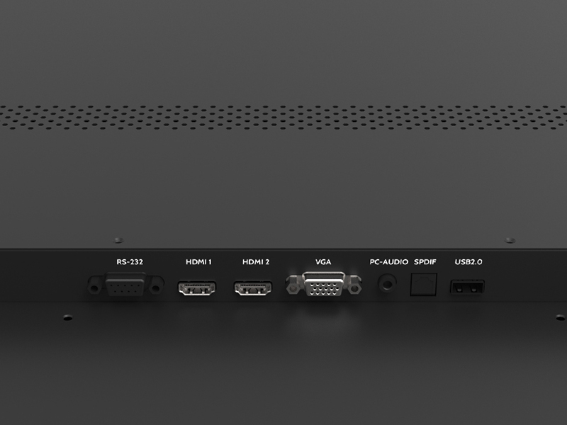 Connection panel on the Posso digital signage screen: RS-232, two HDMI inputs, VGA, PC audio, SPDIF and USB 2.0