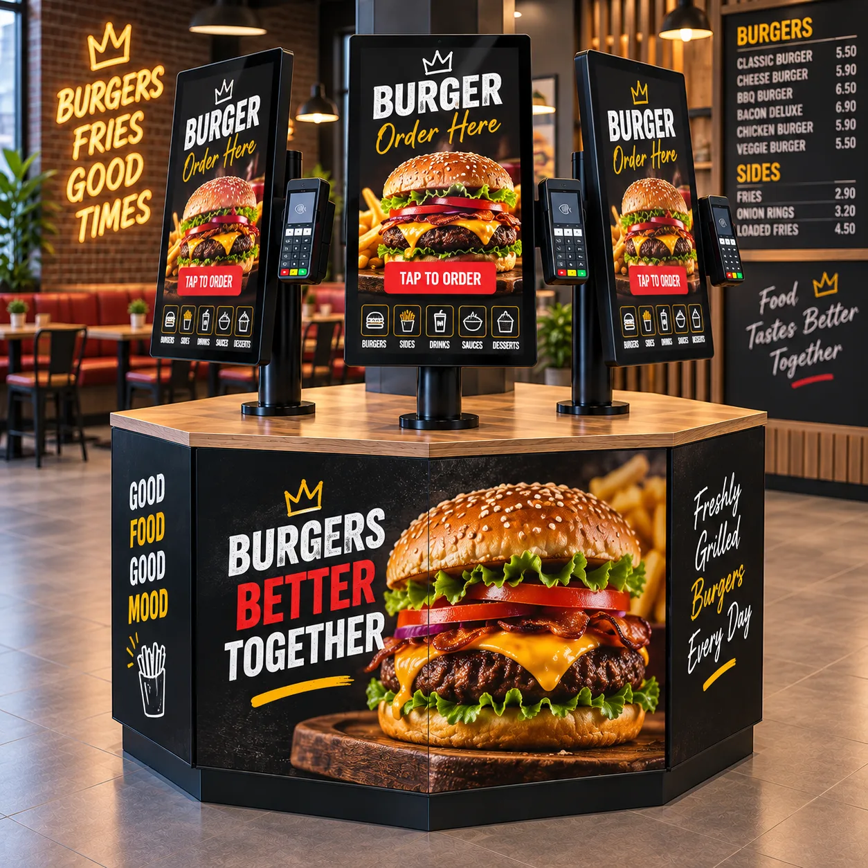 Three Posso Fast Lane self-order kiosks with contactless card readers on a counter island in a burger restaurant