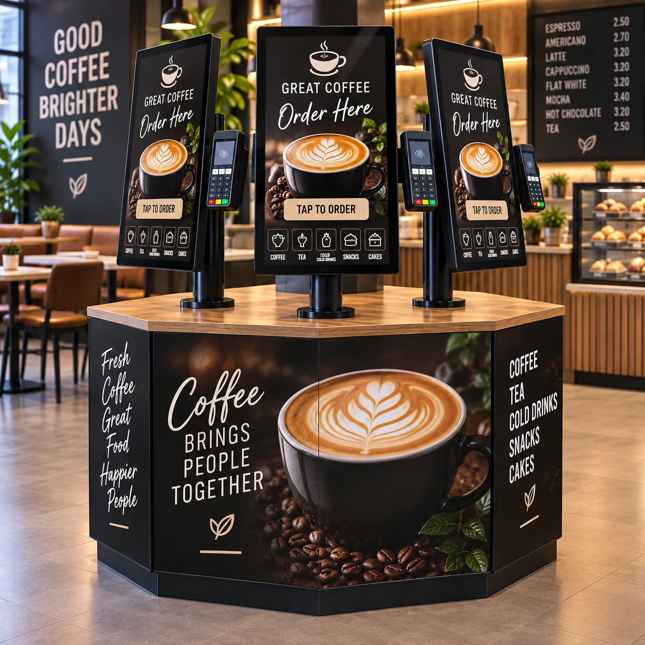 Three Posso Fast Lane self-order kiosks with contactless card readers on a counter island in a coffee shop