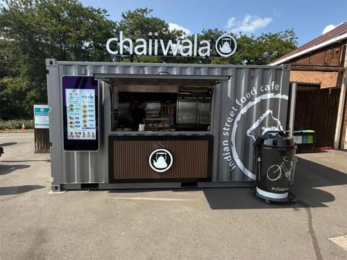 A Chaiiwala street-food container with a Posso self-order kiosk built into the front.