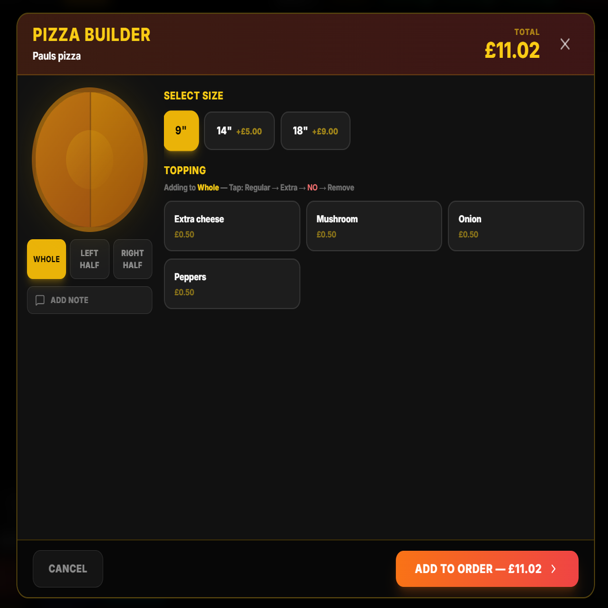 Posso Pizza POS system software showing the custom pizza builder menu with size selection, toppings, and split-sided pizza options for UK pizza shops and takeaways