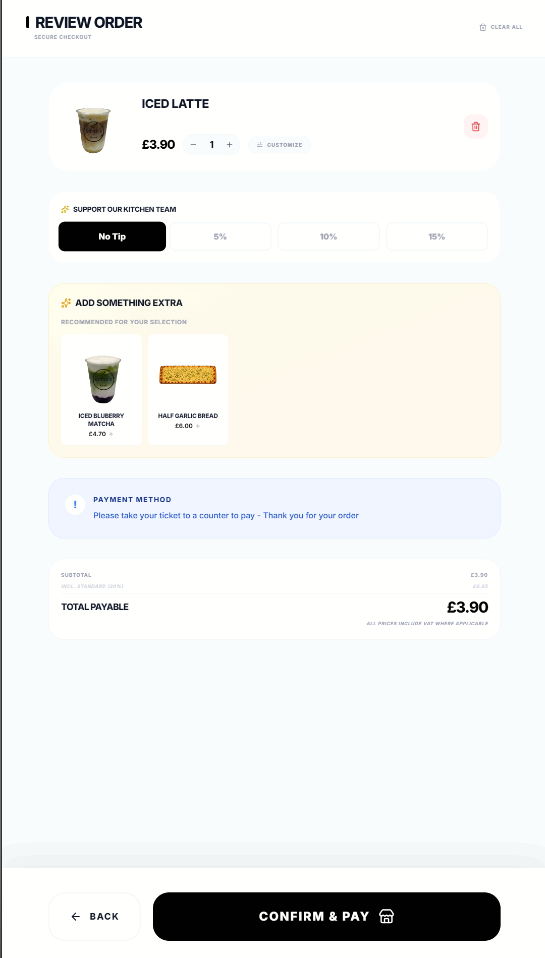 Review order and checkout screen with a tip prompt on a Posso self-order kiosk