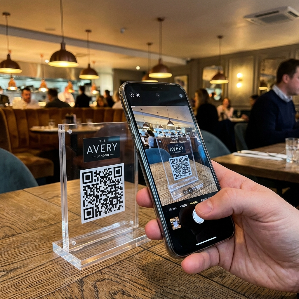 Smartphone scanning a QR code on a restaurant table