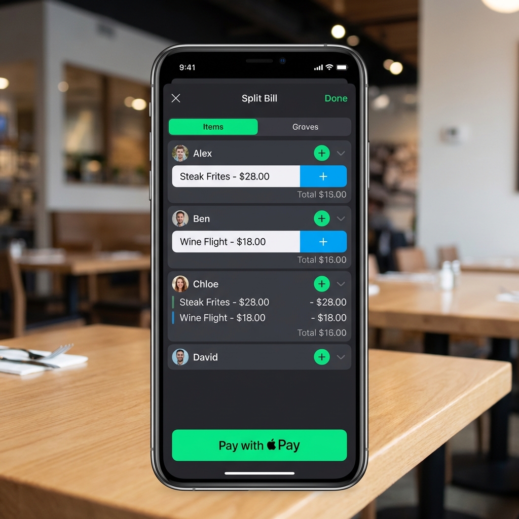 Split bill payment interface on smartphone